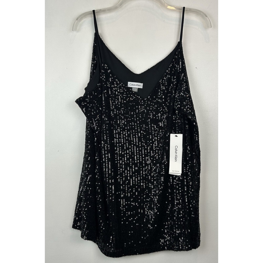Calvin Klein Sequin Cami Top Womens 1X V Neck Lined Tank Black Event Holiday